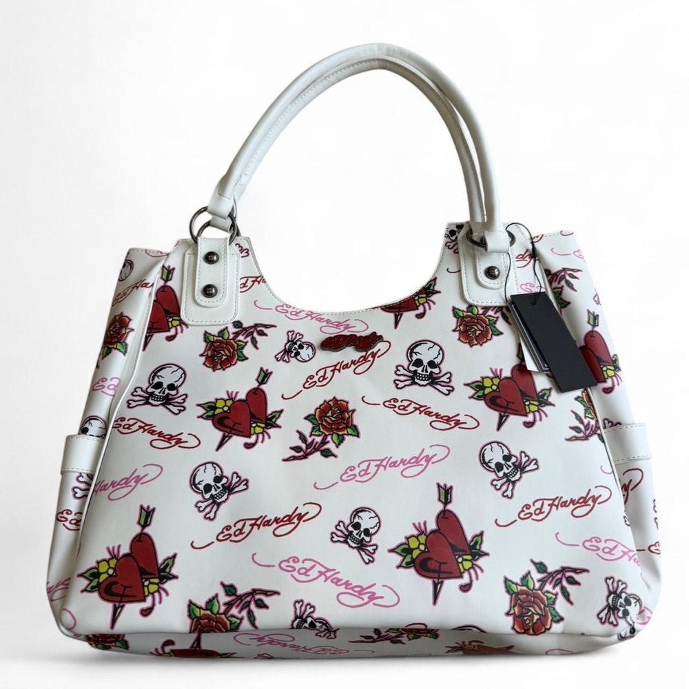 Ed Hardy Y2K Skull Heart Rose White Tote Bag NWT 2000s Vintage